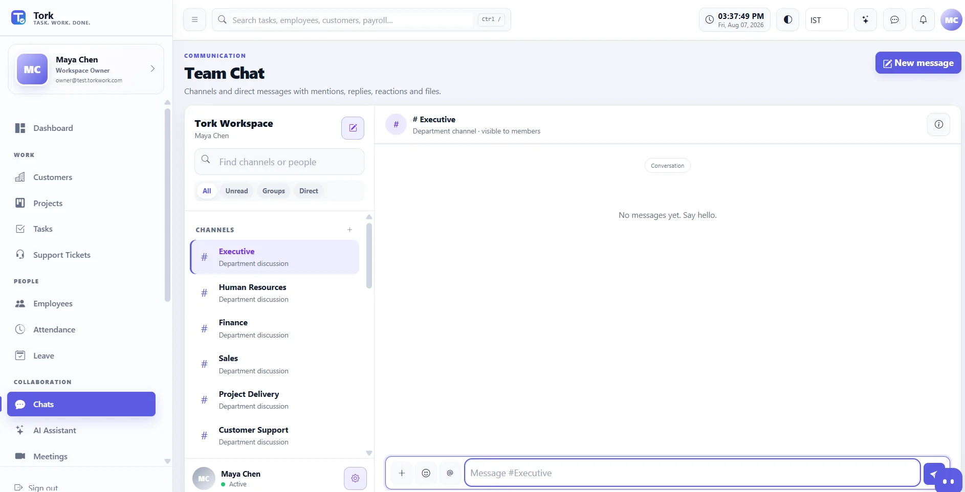 Tork Team Chat screen using demo data