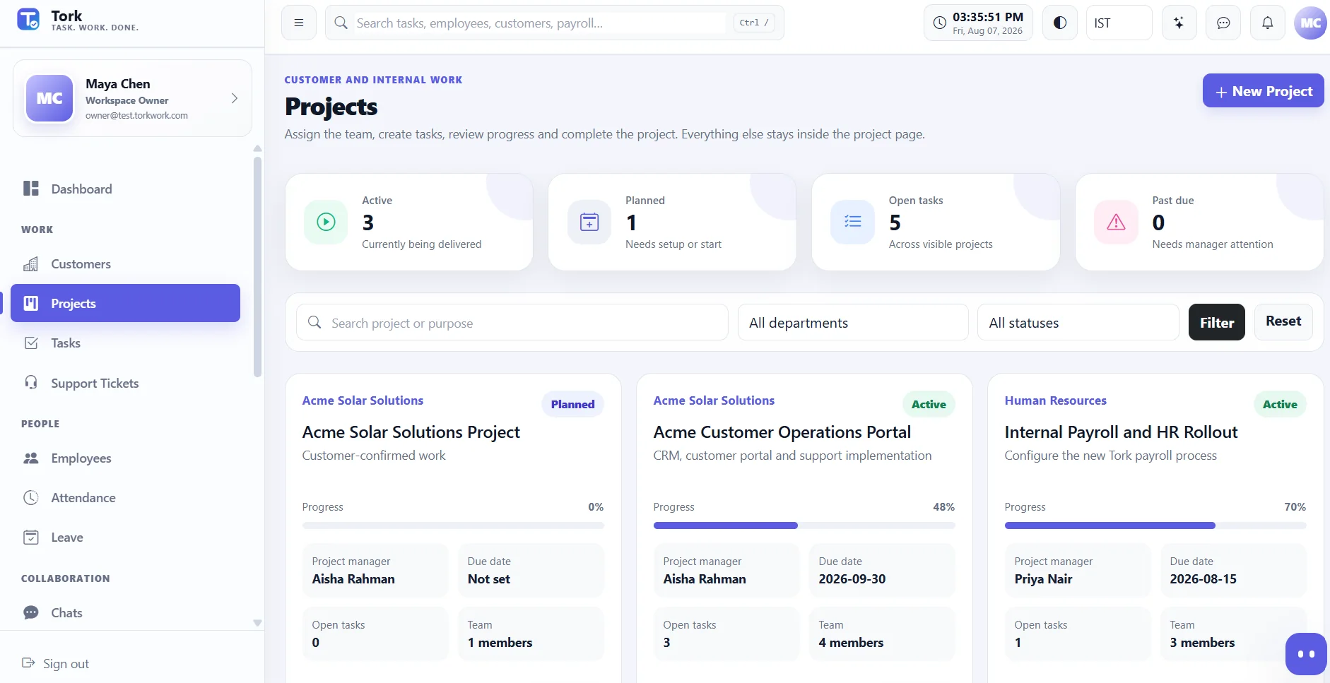 Tork Projects screen using demo data