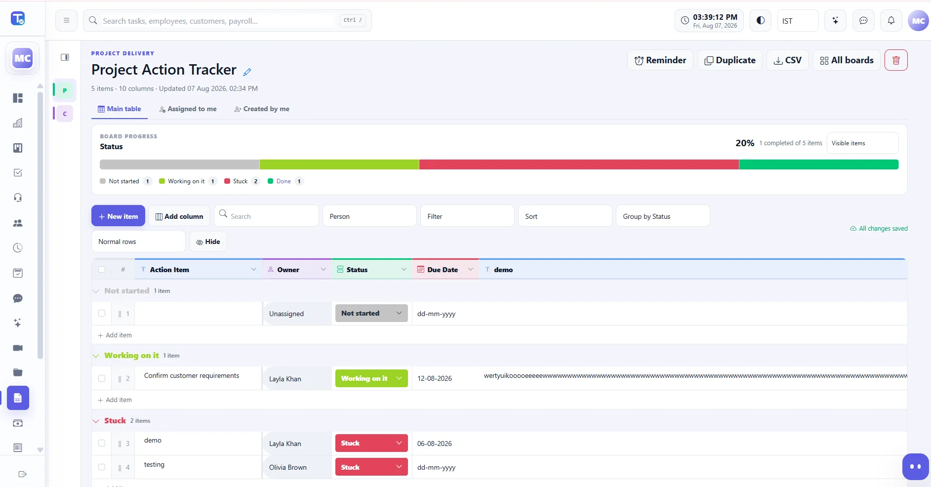 Tork Monday-style Sheets workboard using demo data
